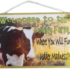 Country Printed Quality Wooden Sign and Hanger FUNNY FARM COW Plaque New