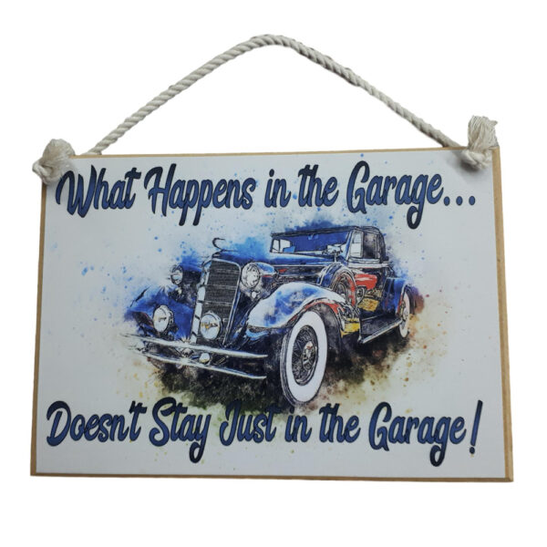 Country Printed Quality Wooden Sign HAPPENS IN THE GARAGE Vintage Look Plaque New