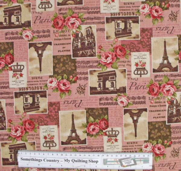 Patchwork Quilting Sewing Fabric Linen Allover Paris Roses Pink 50x55cm FQ New