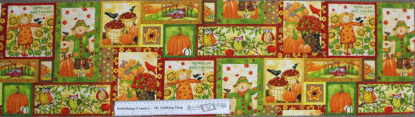 GRATEFUL HARVEST Scarecrows Patchwork Quilting Sewing Fabric Panel 30x110cm NEW