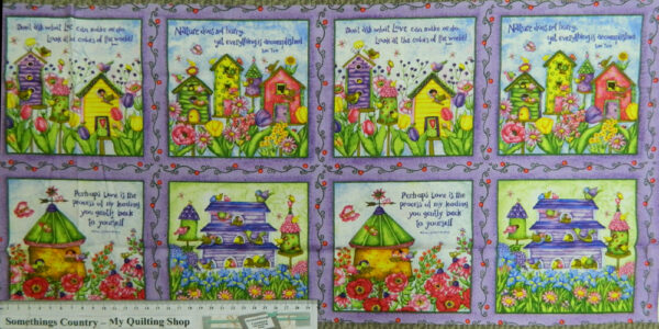 BIRDHOUSE GARDENS Squares Patchwork Quilting Sewing Fabric Panel 30x110cm 2rows