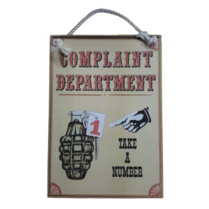 Country Printed Quality Wooden Sign with Hanger COMPLAINTS DEPARTMENT Plaque New