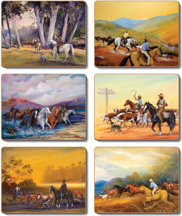 Country Kitchen MAN FROM SNOWY RIVER Cinnamon Cork backed Placemats or Coasters Set 6
