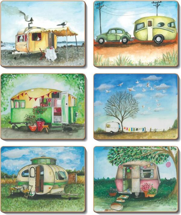 Country Inspired Kitchen VINTAGE CARAVANS Cinnamon Cork backed Placemats or Coasters Set 6