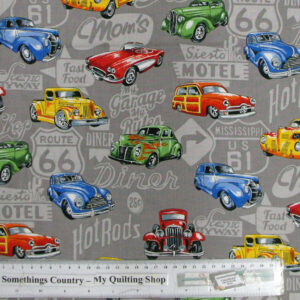 Quilting Patchwork Cotton Sewing Fabric HOT ROD CARS 50x55cm FQ NEW