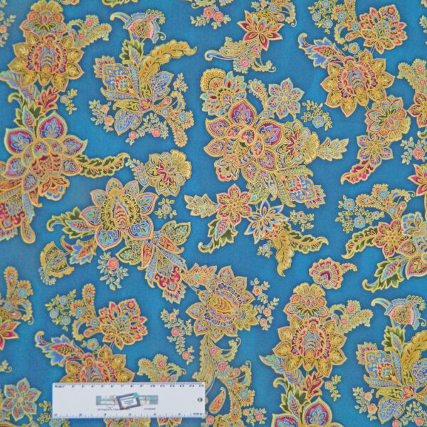 Quilting Patchwork Sewing Fabric METALLIC FLOWERS ON BLUE Allover Cotton 50x55cmFQ NEW