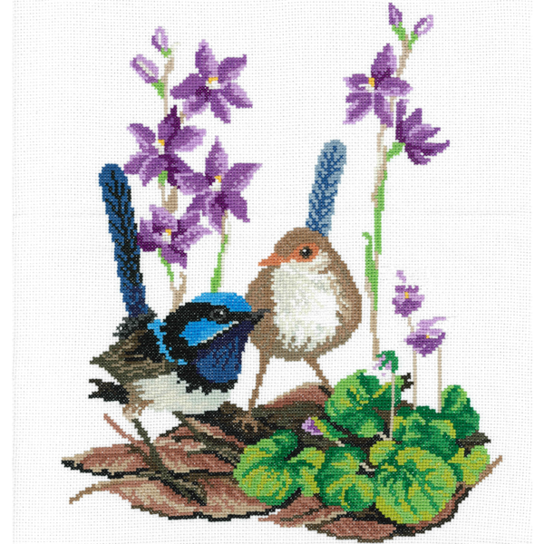 DMC Cross Stitch Counted X Stitch KIT BLUE WRENS AND SUN ORCHIDS New