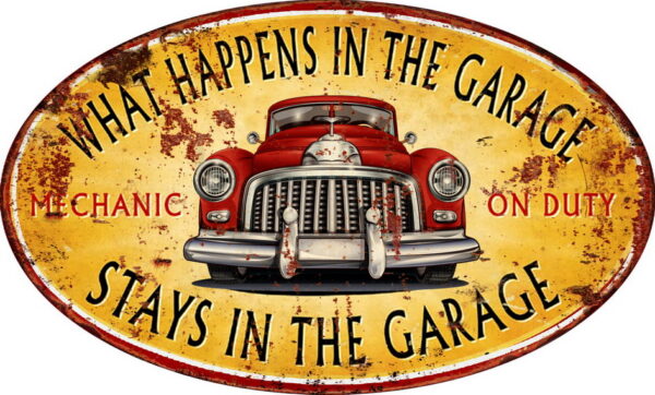 Country Tin Sign Vintage Inspired Wall Art WHAT HAPPENS GARAGE Retro Plaque NEW