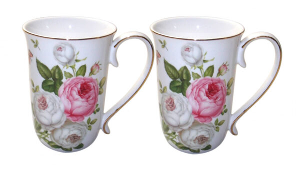 French Country Chic Kitchen Tea Coffee Mugs Elegant BUTTERFLY ROSE Set of 2 New