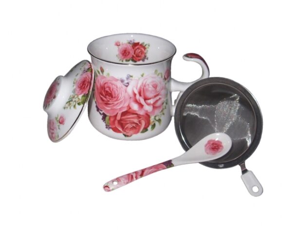 French Country Chic Kitchen TEA Mug Elegant PINK ROSE with Lid & Strainer New