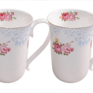 French Country Chic Kitchen Coffee Mugs Elegant BLUE ENGLAND ROSE Set of 2 New