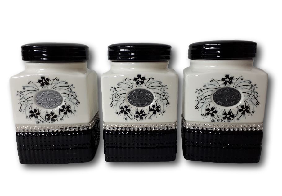black and white tea coffee sugar jars