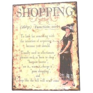 Country Tin Sign Vintage French Inspired Wall Art SHOPPING Plaque NEW