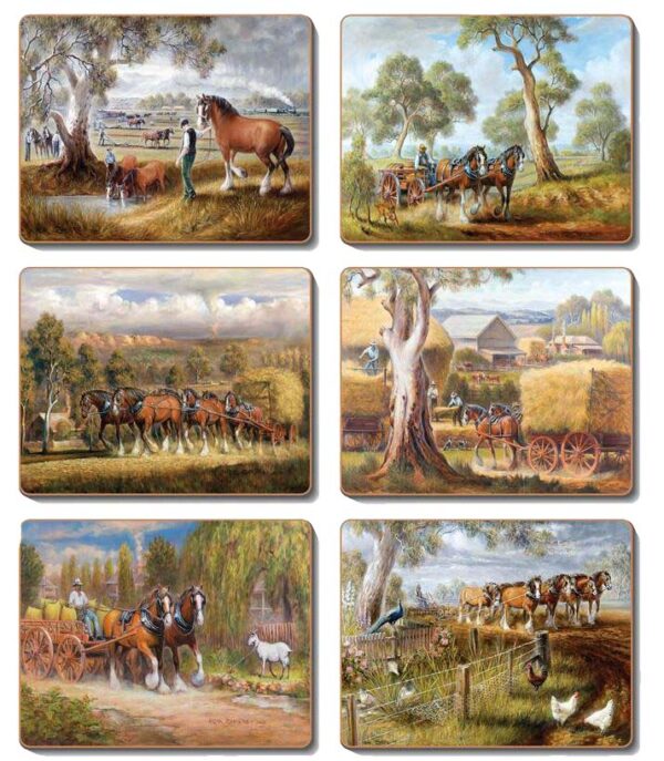 Country Kitchen WORKING HORSES Cork Backed Placemats or Coasters Set 6 NEW Cinnamon