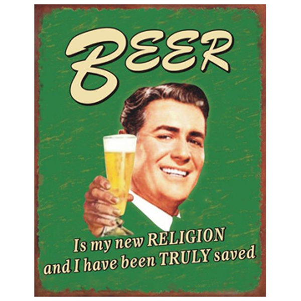 Country Tin Sign Vintage Inspired Wall Art Beer is My Religion Plaque 24 x 19cm NEW