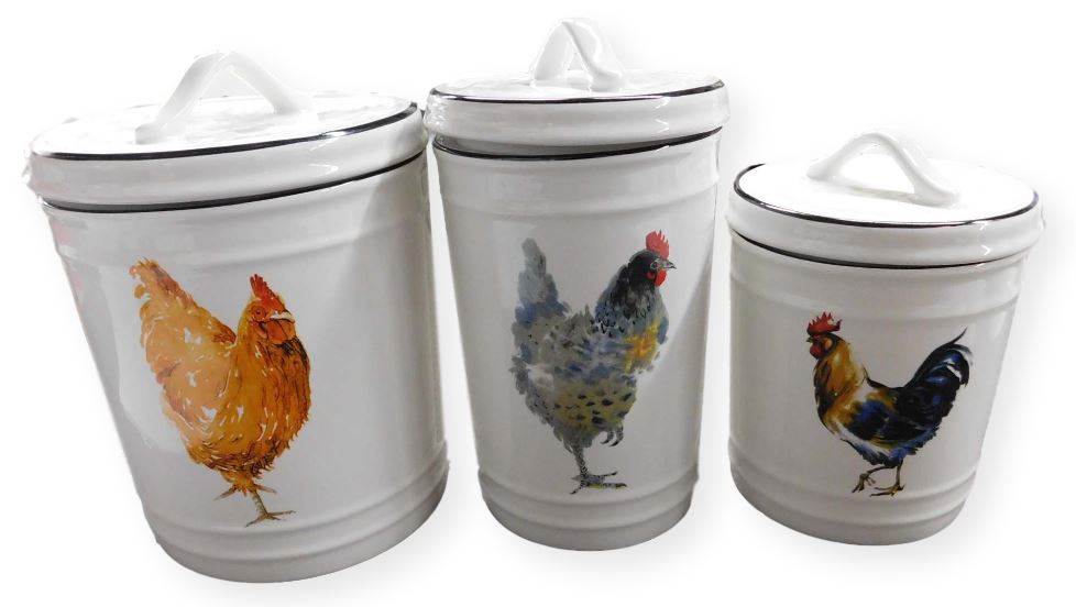 French Country Kitchen Canisters ROOSTERS CHICKENS with Seals Set of 3