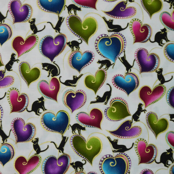 Patchwork Quilting Sewing Fabric CATITUDE Metallic CAT HEARTS 50x55cm FQ New