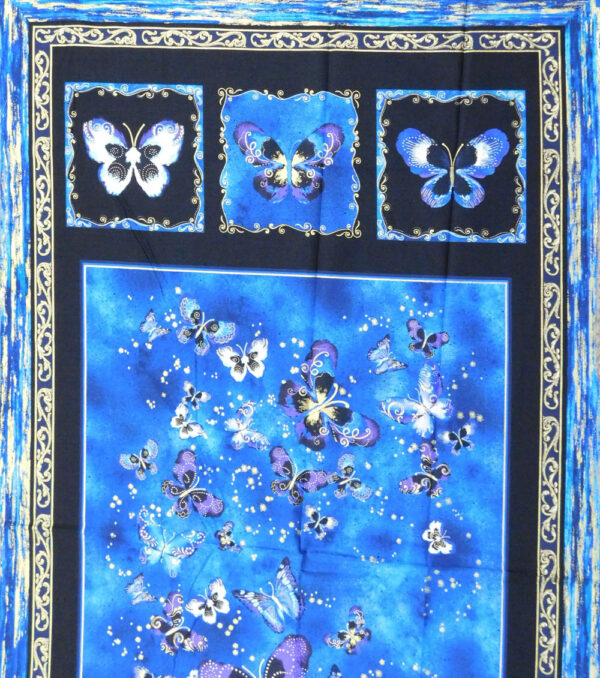 Patchwork Quilting Sewing Fabric BUTTERFLY JEWELL BLUE METALLIC Panel 60x110cm New