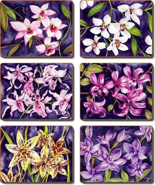 Country Inspired Kitchen ORCHID GARDEN Cinnamon Cork Backed Coasters Set 6 New