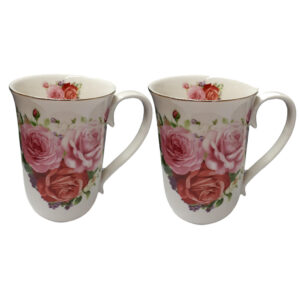 French Country Chic Kitchen 405mm Tea Coffee Mugs PINK ROSES Set of 2 New