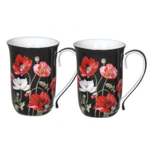 French Country Chic Kitchen 405mm Tea Coffee Mugs BLACK POPPIES Set of 2 New