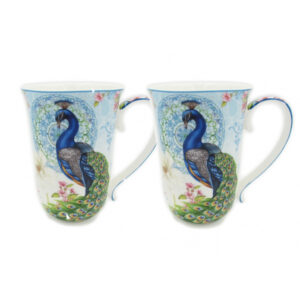 French Country Chic Kitchen 405mm Tea Coffee Mugs PEACOCK Set of 2 New