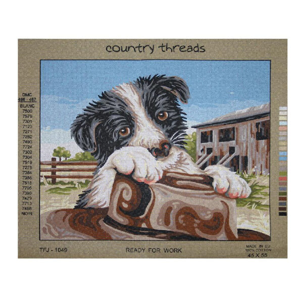Country Threads Tapestry Printed READY FOR WORK Dog New TFJ-1049