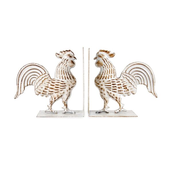 French Country Wrought Iron Art ROOSTER BOOK ENDS Whitewash