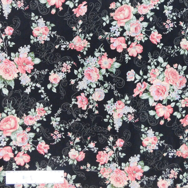 Quilting Patchwork Sewing Fabric FLORAL PROMISE BLACK LARGE ROSES 50x55cm FQ New