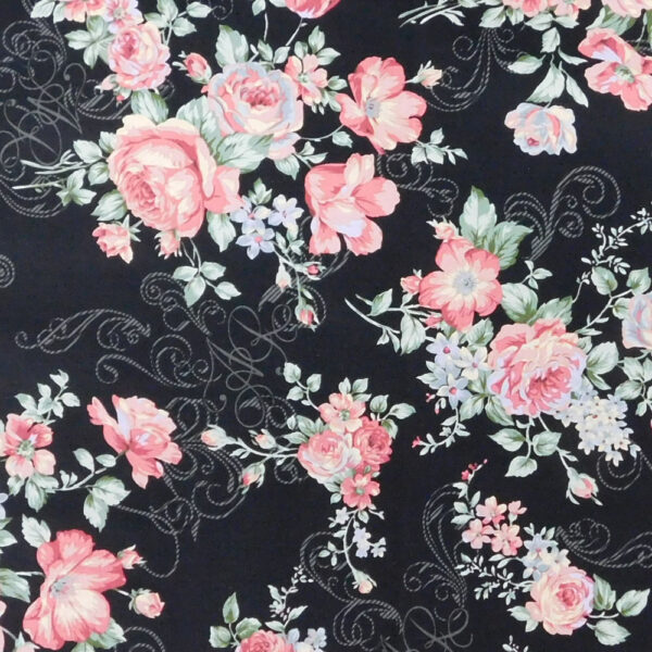 Quilting Patchwork Sewing Fabric FLORAL PROMISE BLACK LARGE ROSES 50x55cm FQ New