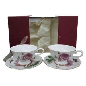 Fine English China Kitchen Tea Cups and Saucers PEBBLED ROSE Set of 2