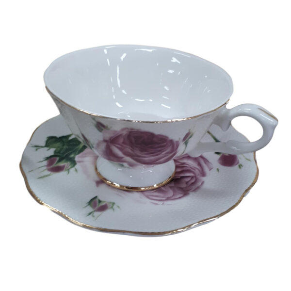 Fine English China Kitchen Tea Cups and Saucers PEBBLED ROSE Set of 2