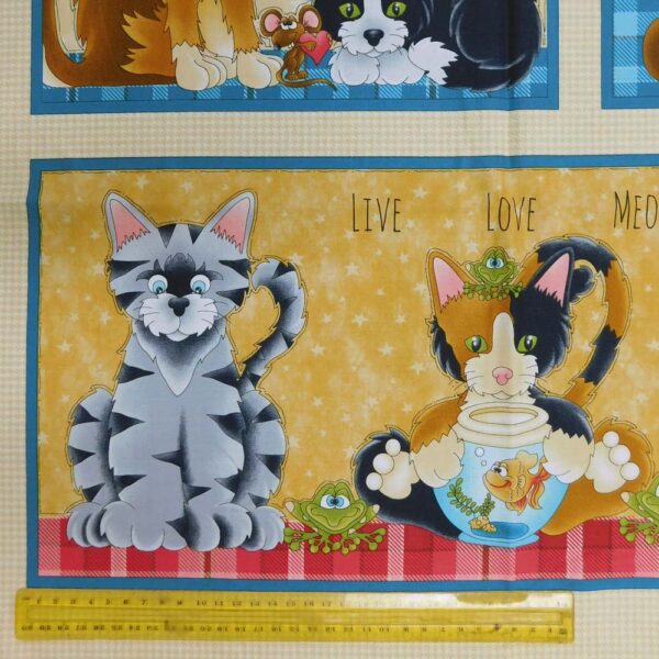 Patchwork Quilting Sewing Fabric LIVE LOVE MEOW CAT 2 Panel 61x110cm