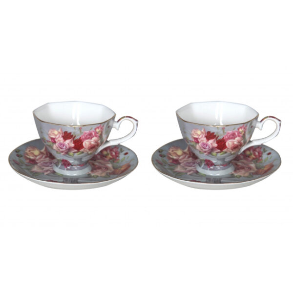 Elegant Kitchen Tea Cups and Saucers Set of 2 SERENITY ROSE