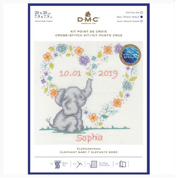 DMC Counted Cross Stitch Kit ELEPHANT BABY NAME SAMPLER Inc Thread