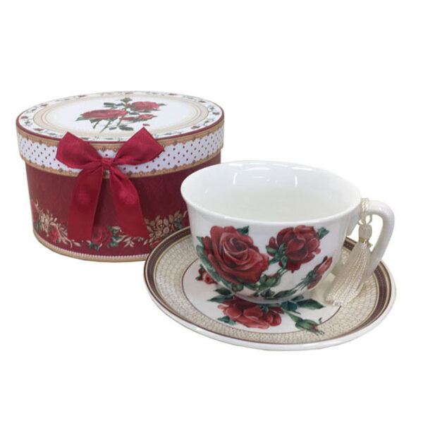 Elegant Kitchen Tea Cup and Saucer Set RED ROSES with Giftbox