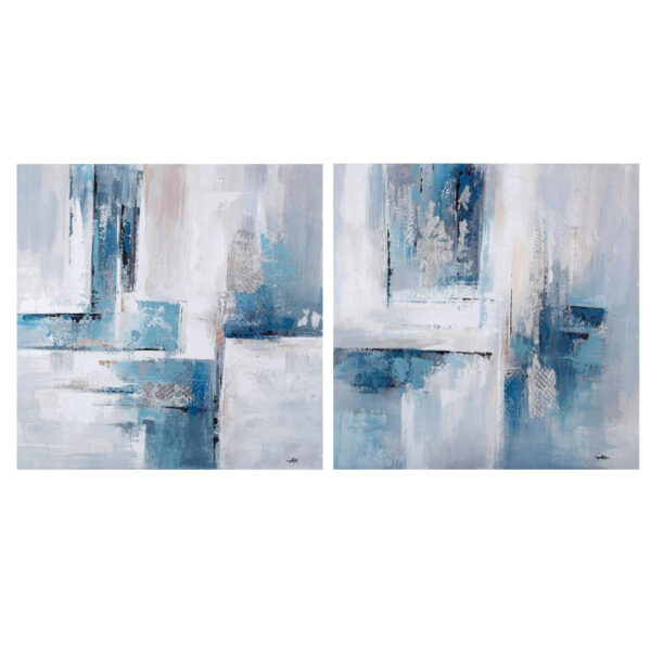 French Country Canvas Abstract Set of 2 Blue Grey Prints 80x80cm