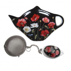 Elegant Kitchen China Poppies on Black Tea Bag Holder and Strainer Set