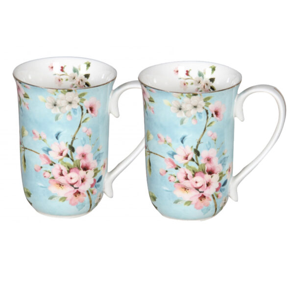Elegant Kitchen Tea Coffee Peach Blossoms Mugs Cups Set of 2