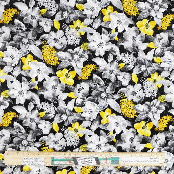 Quilting Patchwork Sewing Fabric Yellow Flowers on Black 50x55cm FQ Material