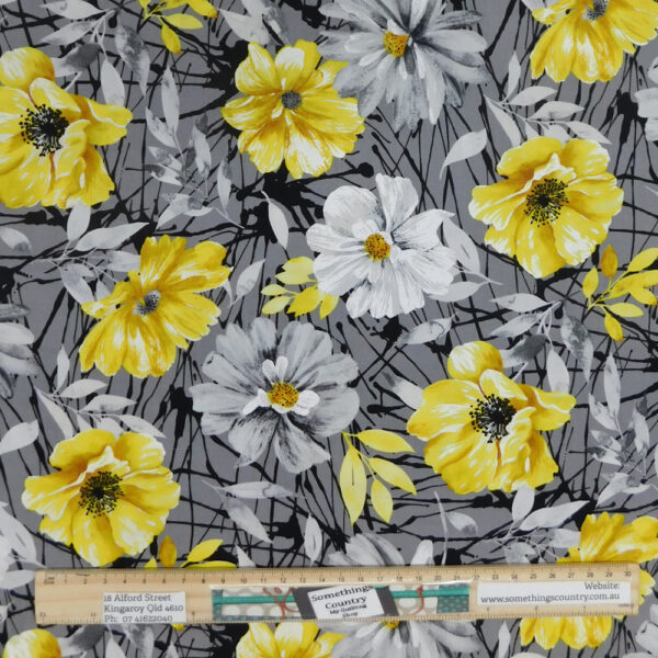 Quilting Patchwork Sewing Fabric Yellow Flowers on Grey 50x55cm FQ Material