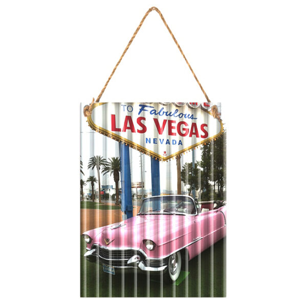 Country Metal Tin Sign Wall Art Corrugated Pink Cadillac Las Vegas
