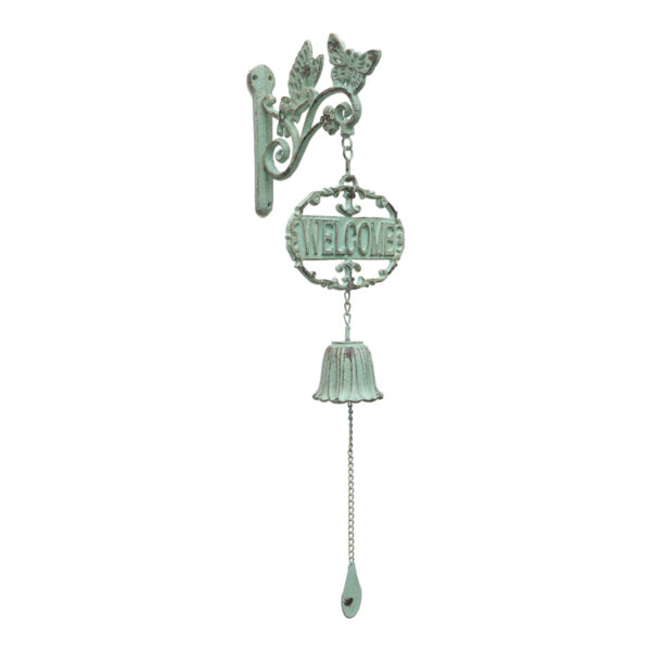 French Country Wall Art Green Bird Welcome Bell Wrought Iron