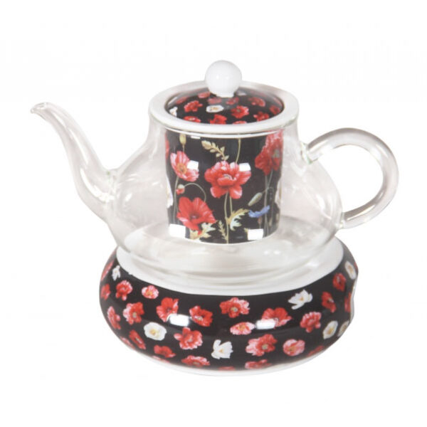 Elegant Kitchen Poppies on Black Floral Glass Teapot