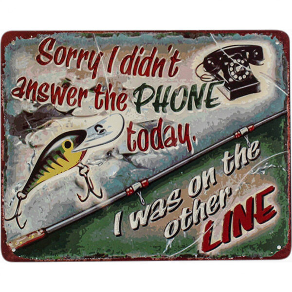 Country Metal Tin Sign Wall Art Fish on the Line Hanging