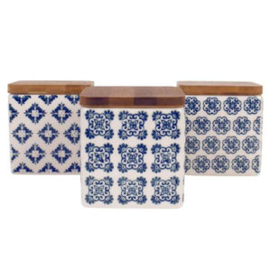 Ashdene Kitchen Canisters Set of 3 Blue Ceramic with Bamboo Lids Square