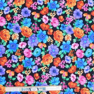 Quilting Patchwork Sewing Fabric Bright Flowers on Black 50x55cm FQ