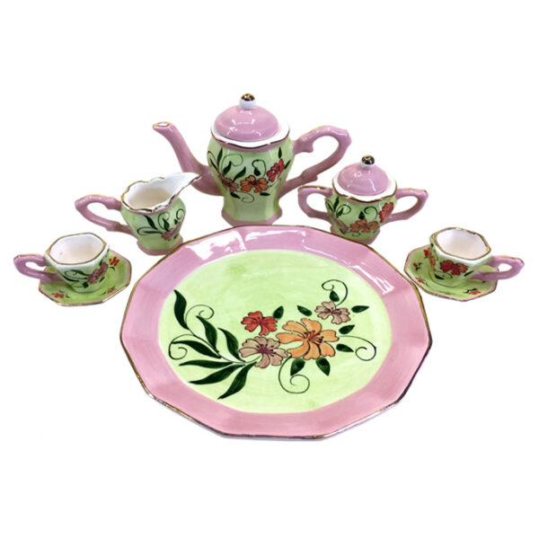 Kitchen Miniature Tea Set Pink Green Cups Saucers Jug Plate Sugar Creamer
