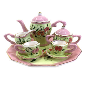 Kitchen Miniature Tea Set Pink Green Cups Saucers Jug Plate Sugar Creamer