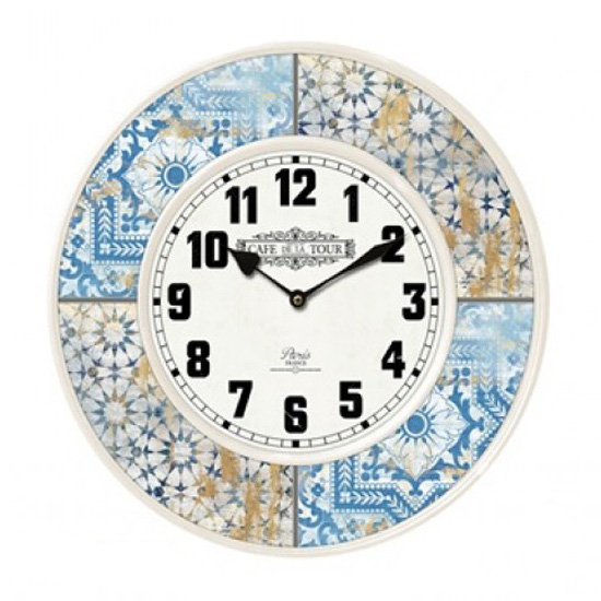 Clock French Country Wall 40cm Moroccan Tile Blue Cafe Metal
